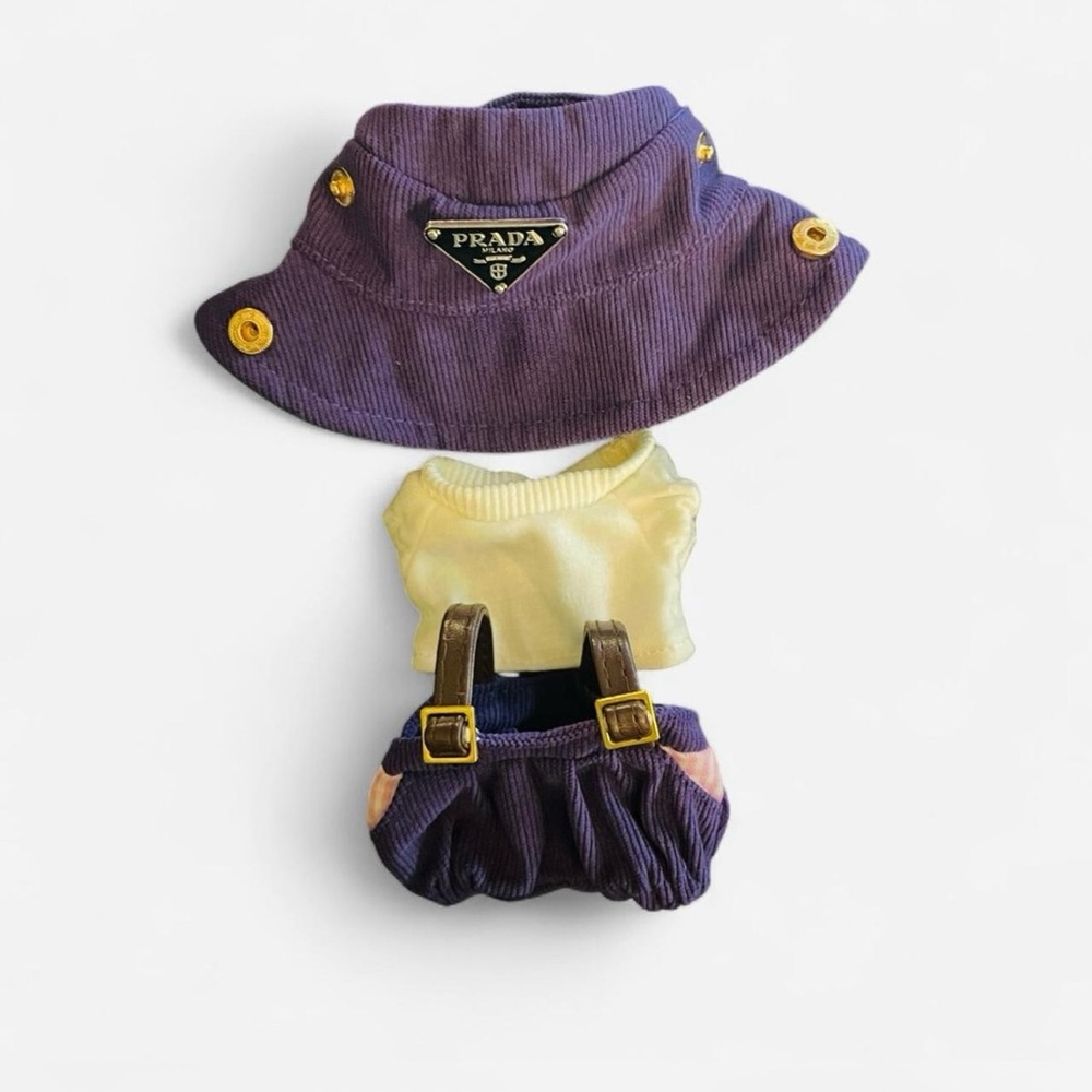NIB Labubu Designer Purple coveralls, white top, and bucket hat set